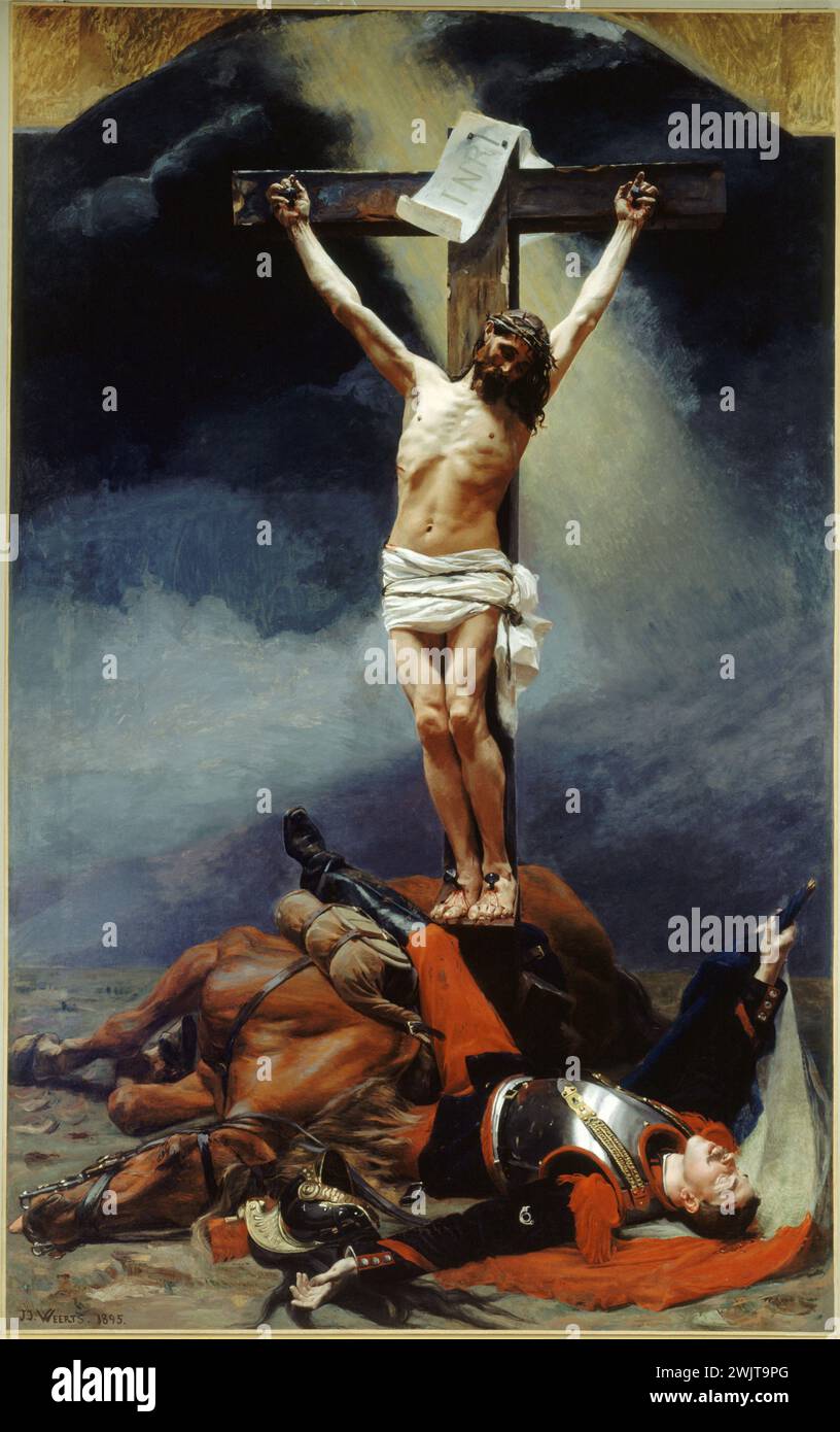 Jean-Joseph Weerts (1847-1927). 'For humanity, for the fatherland'. Museum of Fine Arts of the City of Paris. 30048-14 Agony, allegory, French army, corpse, cavalry, rider, cross, crucifies, horse, Christ, cuirassier, tricolor flag, war of 1870, military, death, patriotism, uniform, crucifixion Stock Photo