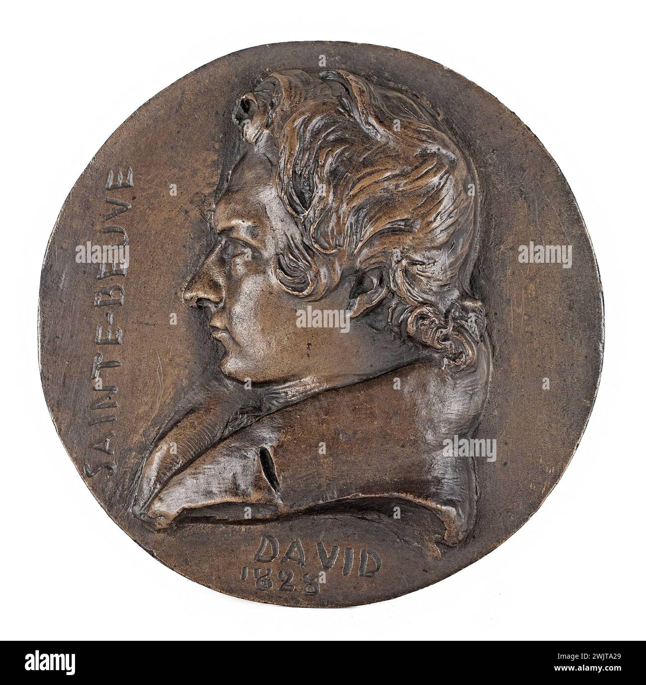 David d'Angers (1788-1856). Portrait of Charles-Augustin Sainte-Beuve (1788-1869), poet and critic. Bronze. Sand cast. 1828. Paris, Carnavalet museum. 60830-8 Bronze, criticism, medal, french poet, profile, portrait Stock Photo