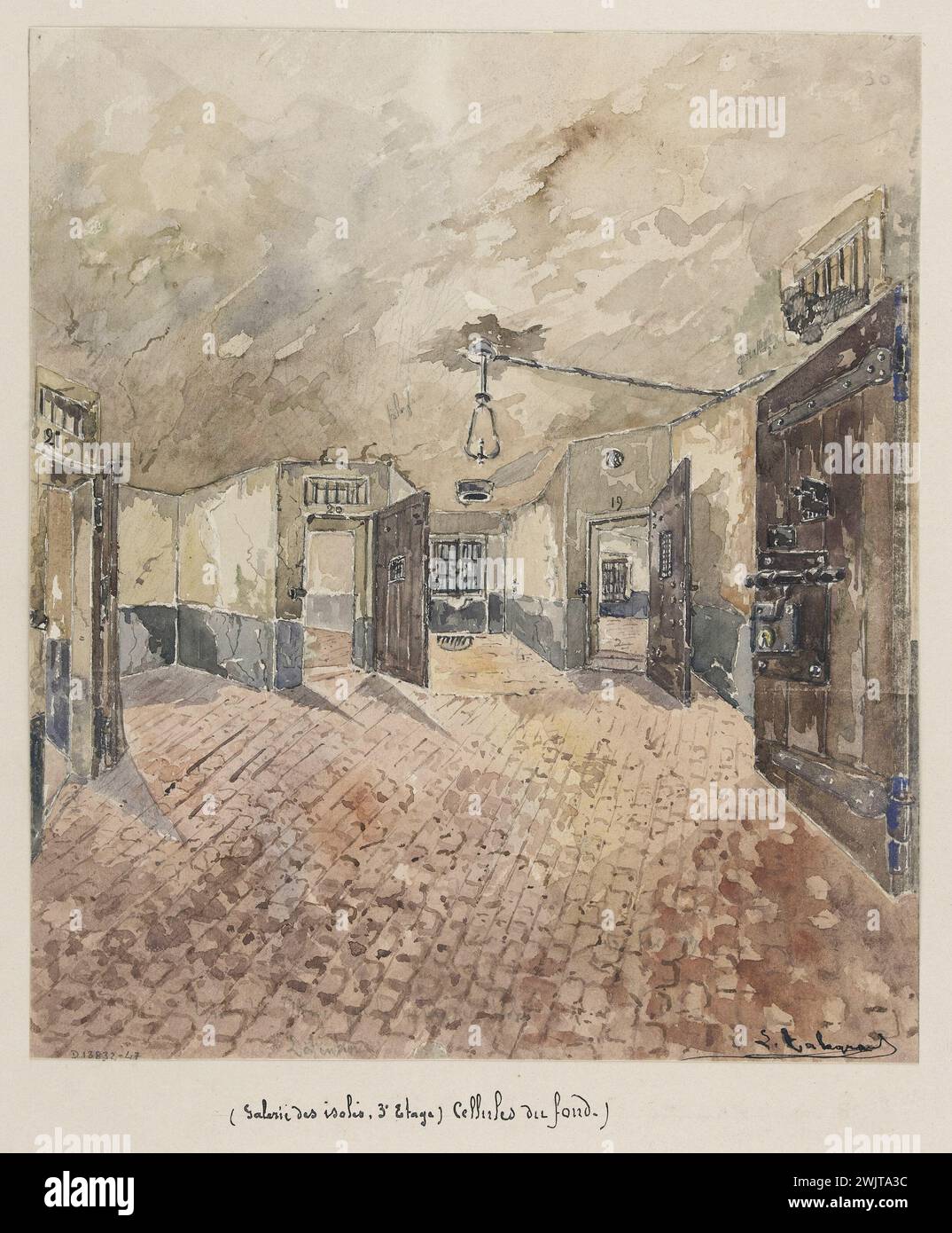 Jean-Louis Talagrand (born in 1845). The Sainte -Pélagie prison: gallery of isolated, 3rd floor - bottom cells. Watercolor, brown ink, pencil. Paris, Carnavalet museum. 3rd floor, drawing album, pencil, brown ink, gallery, isolate, isolation, Parisian prison, Sainte-Pelagie prison, Veme Ve V 5th 5th arrondissement, watercolor Stock Photo