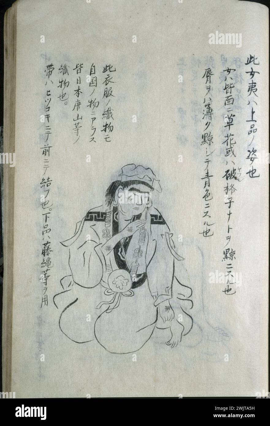 Illustrated book - Sangoku Zuran Zusetsu, a woman from the Aïnu minority (left page) '. Japan, after 1785. Paris, Cernuschi museum. 37376-10 Ainu, calligraphy, woman, inscription, Japanese, kimono, illustrious book, edo period Stock Photo