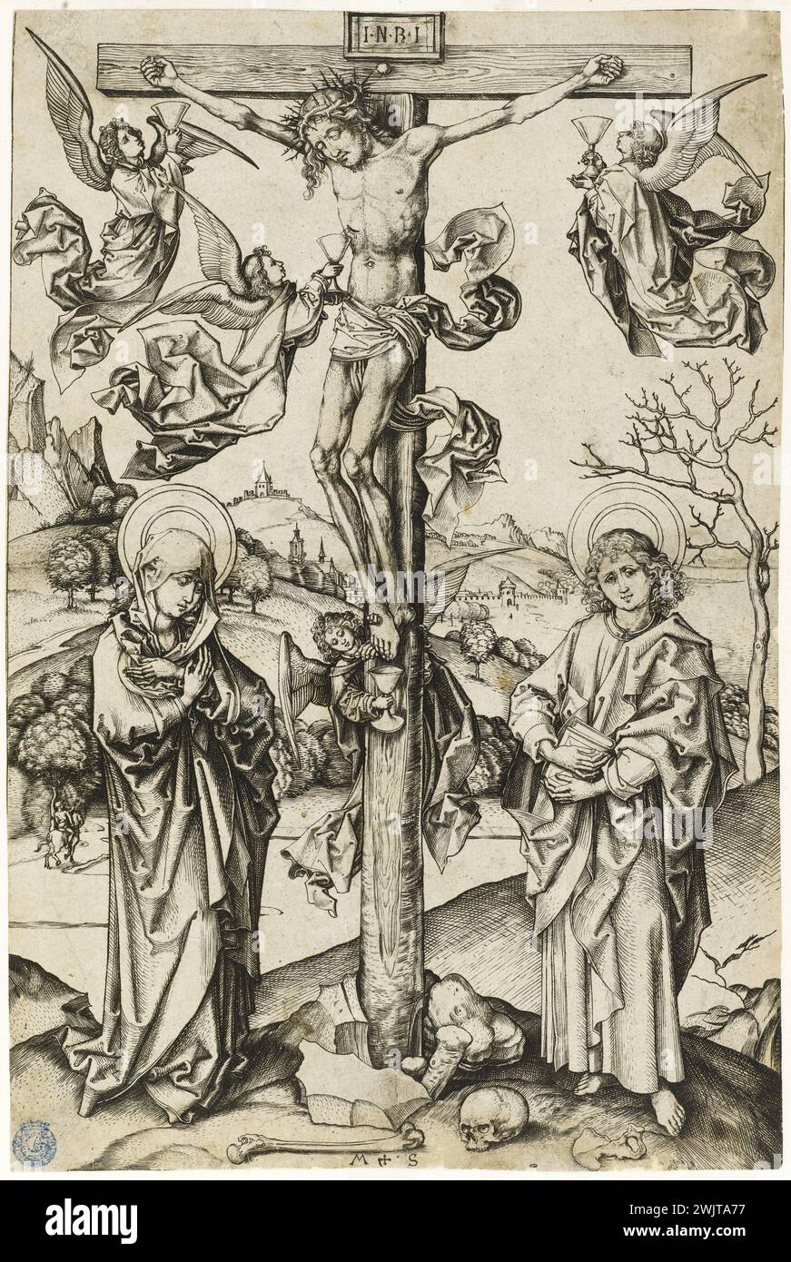 Martin Schonguer (around 1450-1495). The Crucifixion with four angels (Bartsch 25). Engraving (chisel), 1475-1480. Museum of Fine Arts of the City of Paris, Petit Palais. 76854-1 Art medieval, Christianity, engraving in chisel, Christian iconography, religious iconography, Middle Ages, New Testament, biblical character, 15th XV 15th 15th 15th century, engraving Stock Photo
