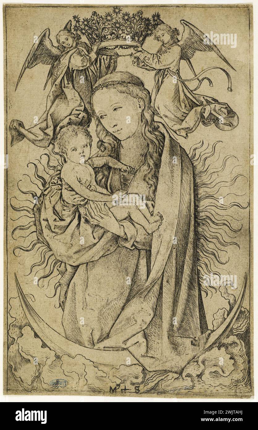 Martin Schonguer (around 1450-1495). The Virgin and Child crowned by two angels (Bartsch 31). Engraving (chisel), 1470-1475. Museum of Fine Arts of the City of Paris, Petit Palais. 76854-4 Angel, art Medieval, Christianity, Crown, Crescent Moon, Figure Wile, engraving with chisel, Christian iconography, Religious iconography, Middle Ages, New Testament, Wing character, Biblical character, Virgin to the child, Virgin Couronnee, Virgin and Children , XVEME XV XV 15th 15th 15th century, engraving Stock Photo
