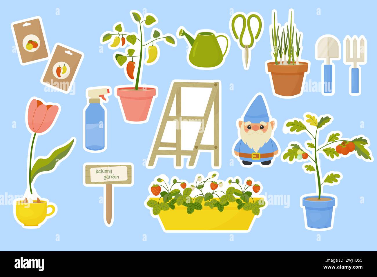 Stickers spring gardening, planting plants, on blue background with stroke. vector Stock Vector