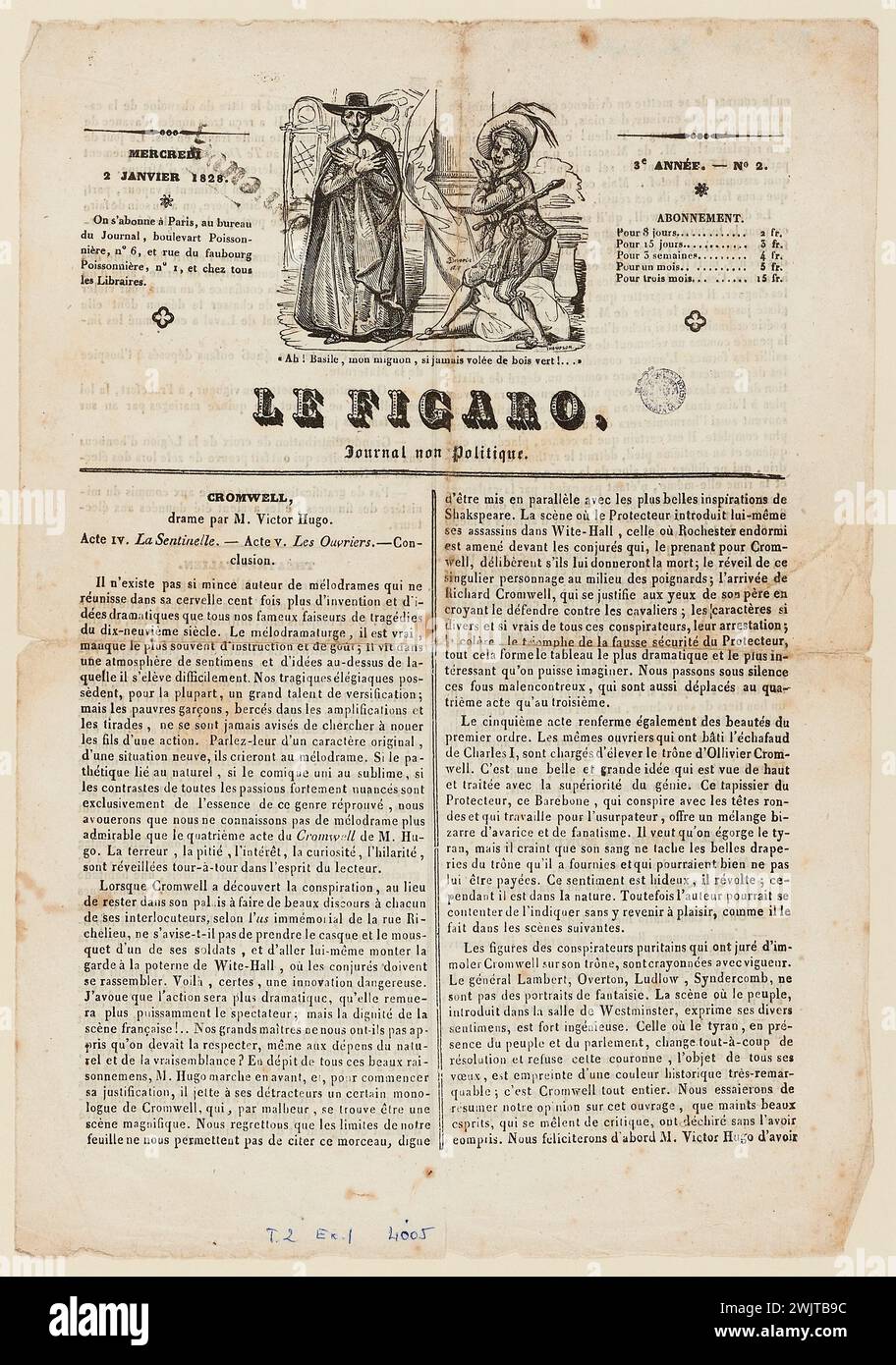 Cromwell, drama by Mr. Victor Hugo. Act IV. The Sentinel. -Act V. The workers. Le Figaro, non-political newspaper, Wednesday January 2, 1828 (dummy title), 1828-01-02. Ink on paper. Houses of Victor Hugo Paris - Guernsey. Stock Photo