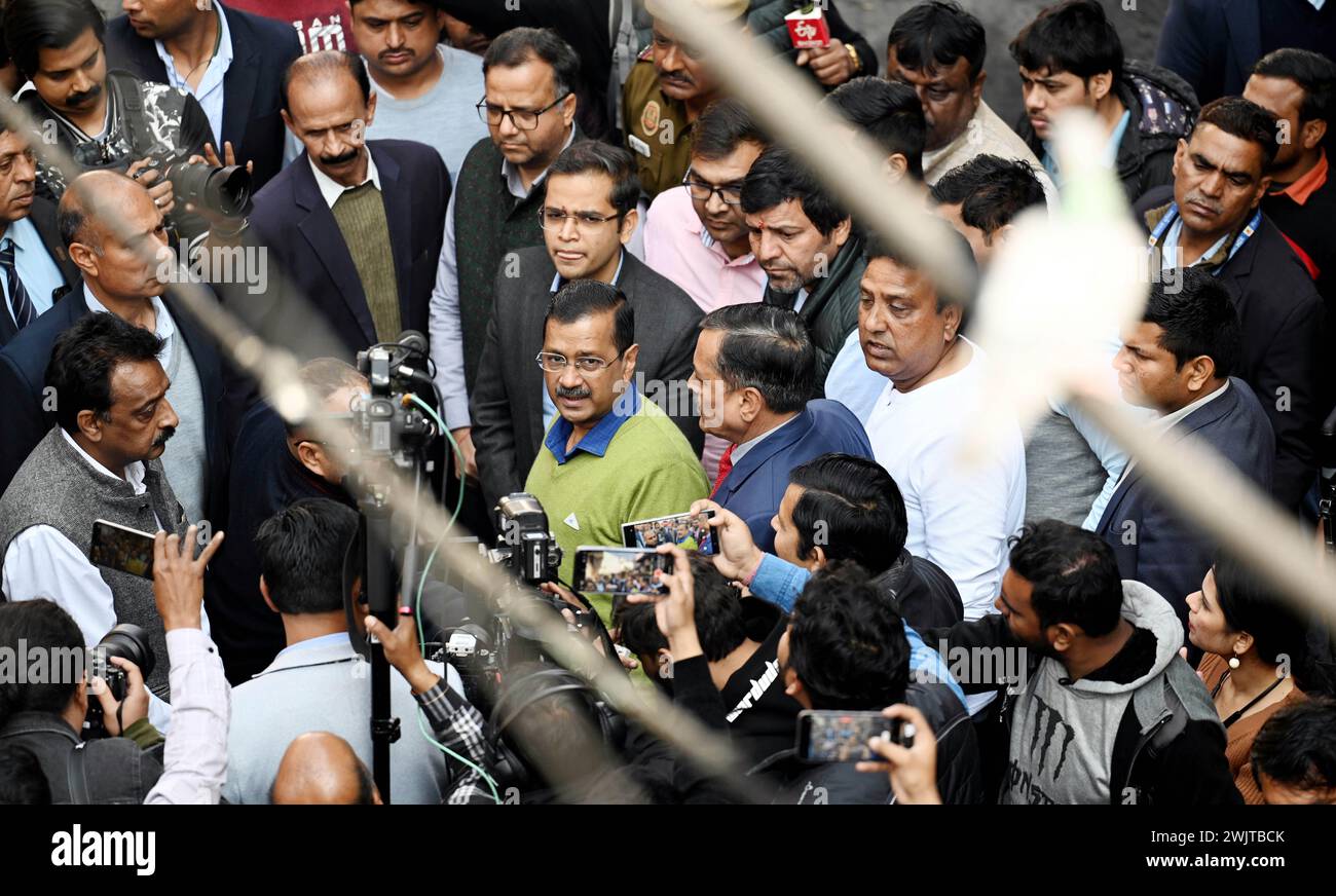 New Delhi, India. 16th Feb, 2024. NEW DELHI, INDIA - FEBRUARY 16: Delhi Chief Minister Arvind Kejriwal met with local residents at the site of a paint godown that caught fire last night, resulting in the death of 11 people in Alipur on February 16, 2024 in New Delhi, India. (Photo by Raj K Raj/Hindustan Times/Sipa USA) Credit: Sipa USA/Alamy Live News Stock Photo