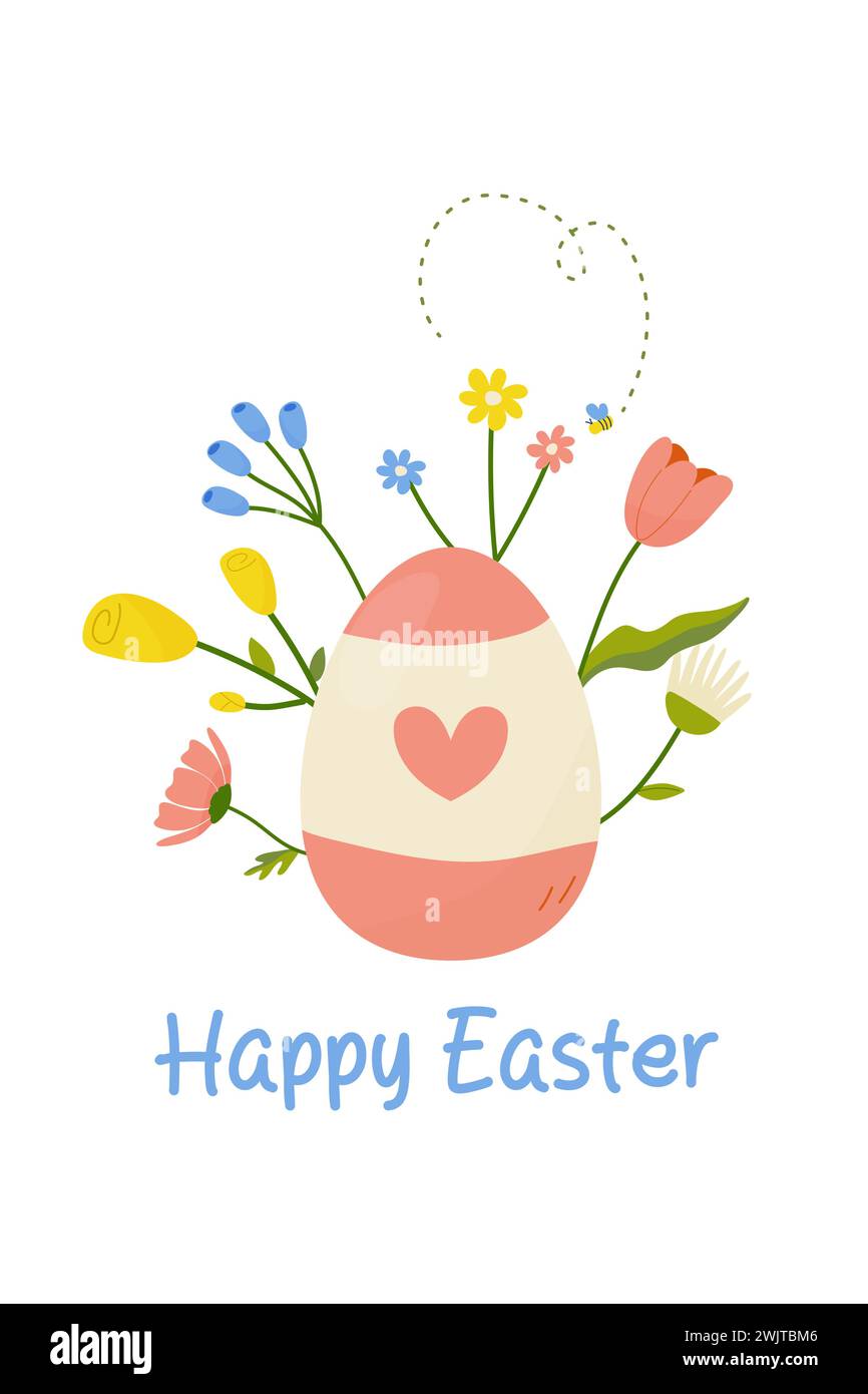 happy easter, easter egg on white background with flowers, decor for your card, greetings. vector Stock Vector