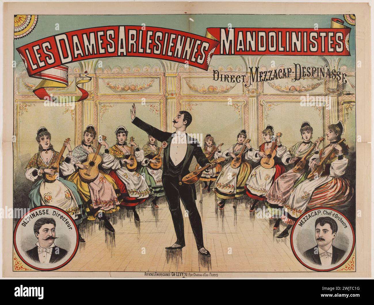 Poster for the concert 'Les Dames Arlesiennes Mandolinistes'. Color lithography. 1880-1900. Paris, Carnavalet museum. 76519-15 Arlesienne, poster, concert, woman, playing, color lithography, mandolin, music Stock Photo