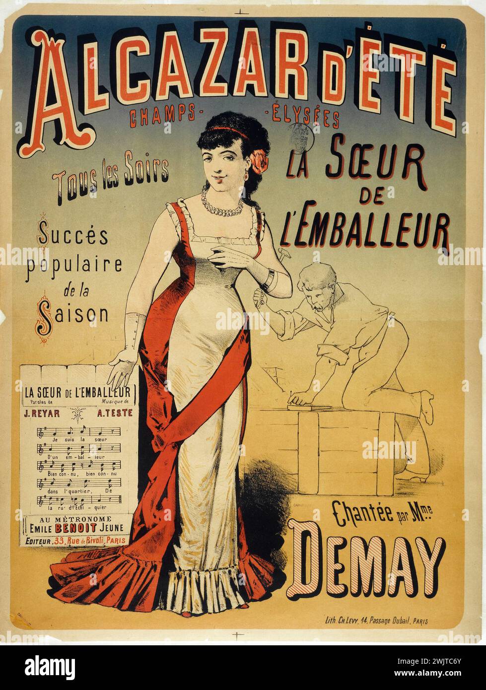 Charles Lévy. 'Alcazar d'Eté, the sister of the packaging, sung by Ms. Demay'. Poster. Color lithography. Paris, Carnavalet museum. Alcazar summer, poster, champs-elyse, singer, lithography color, partition, advertising, reclame, spectacle, VIIIEM VIII 8th 8 arrondissement Stock Photo
