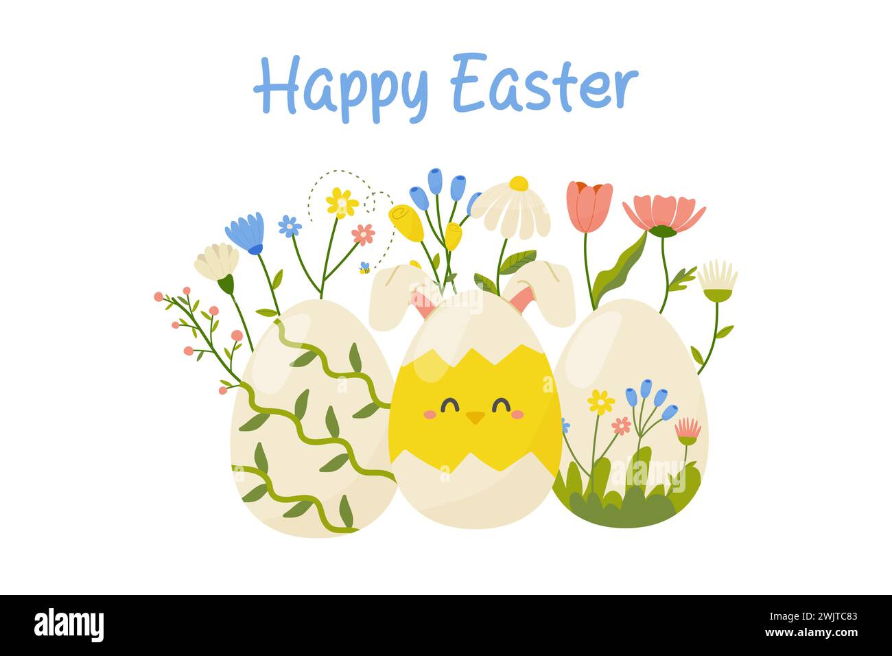 happy easter, easter egg on white background with flowers, decor for your card, greetings. vector Stock Vector