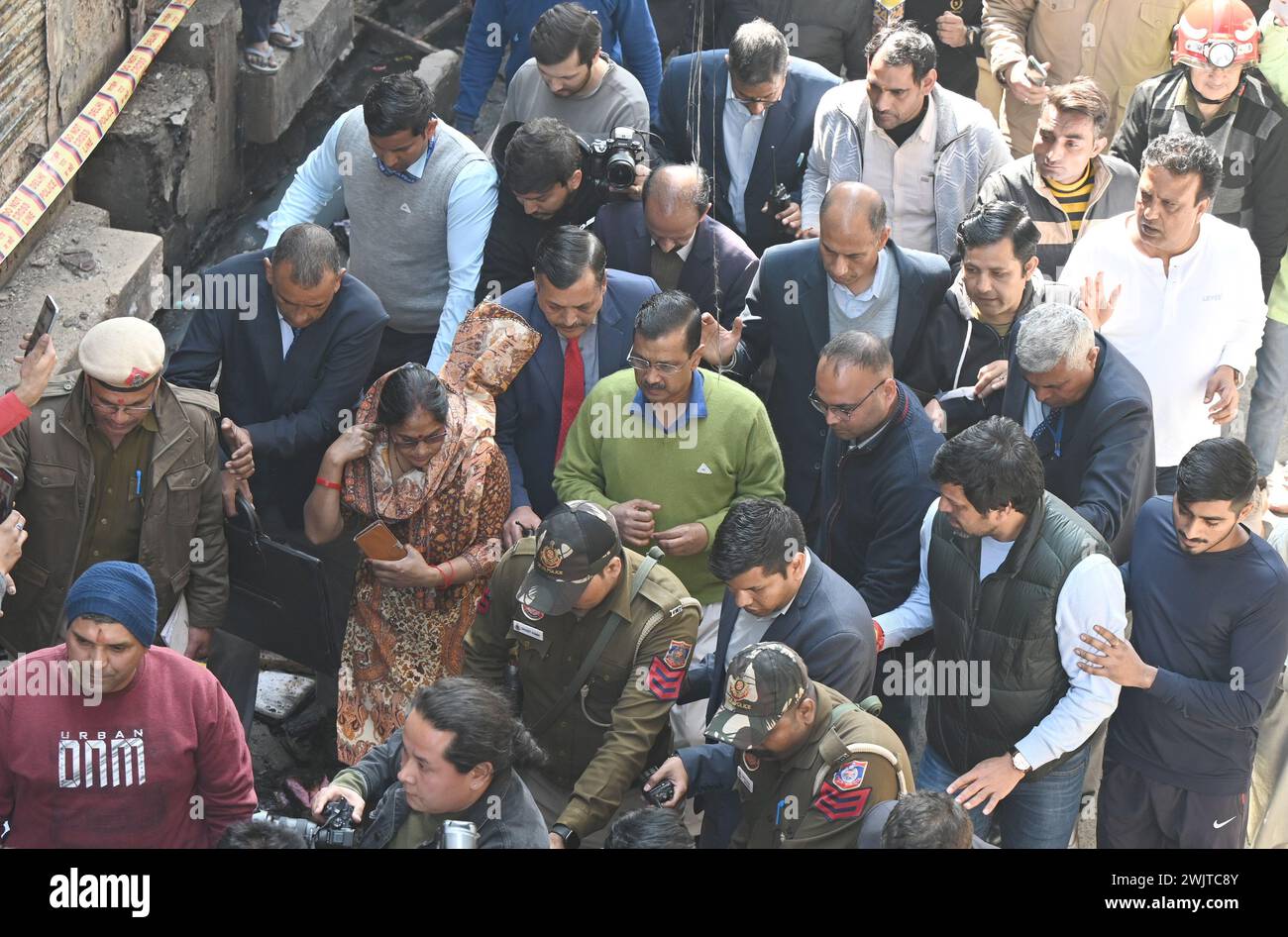 India. 16th Feb, 2024. NEW DELHI, INDIA - FEBRUARY 16: Delhi Chief Minister Arvind Kejriwal meets victims of fire at paint factory in Dayalpur Market in Alipur on February 16, 2024 in New Delhi, India. Eleven people died as a paint factory caught fire in Dayalpur Market in Alipur in Delhi on Thursday. (Photo by Sonu Mehta/Hindustan Times/Sipa USA) Credit: Sipa USA/Alamy Live News Stock Photo