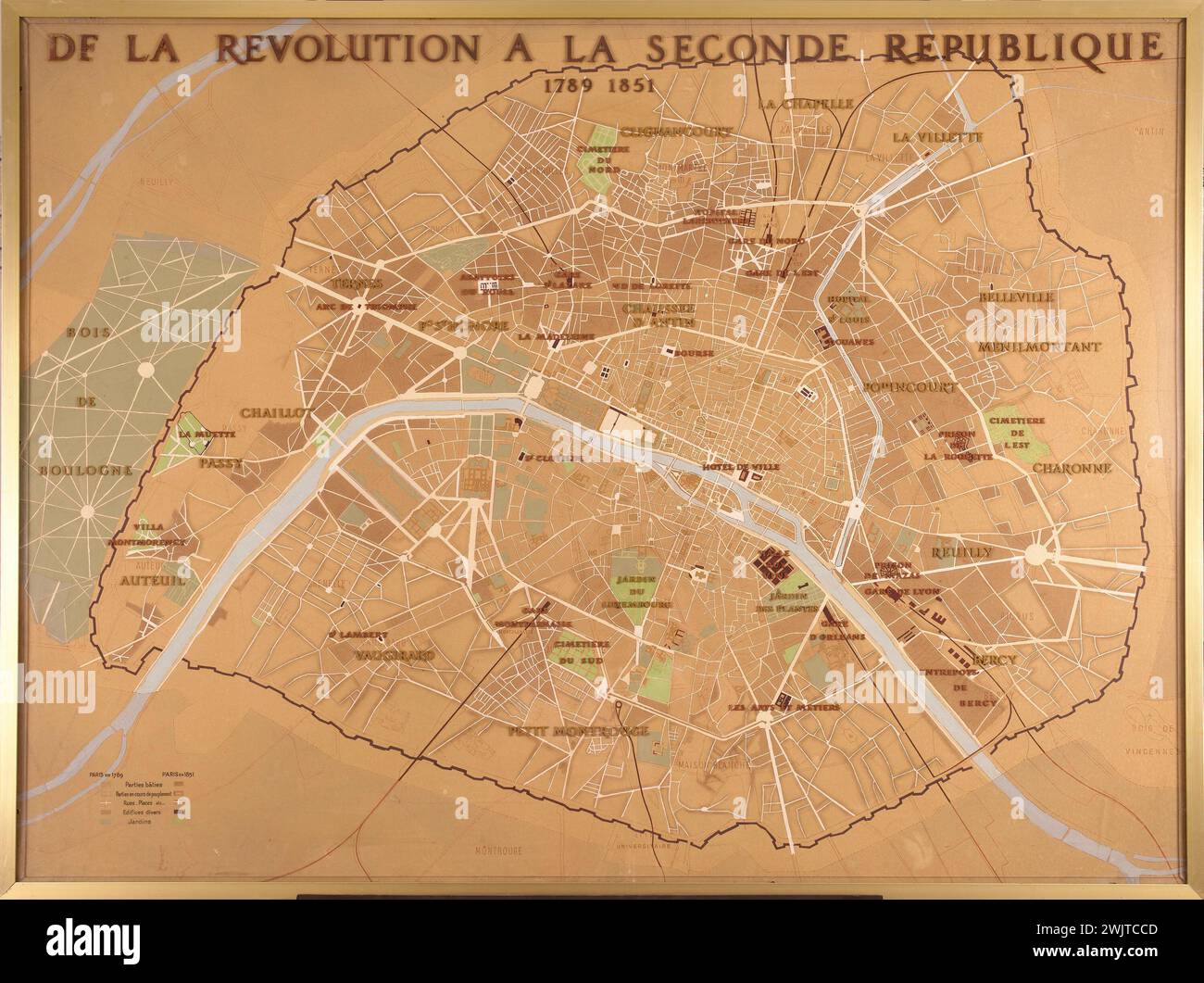 Anonymous. Plan of Paris from the Revolution to the Second Republic, 1789-1851. Ink, gouache and cork on agglomerated wood. Paris, Carnavalet museum. Geographical map, second republic, geography, revolutionary period, Paris plan, French revolution, second republic, urban Stock Photo