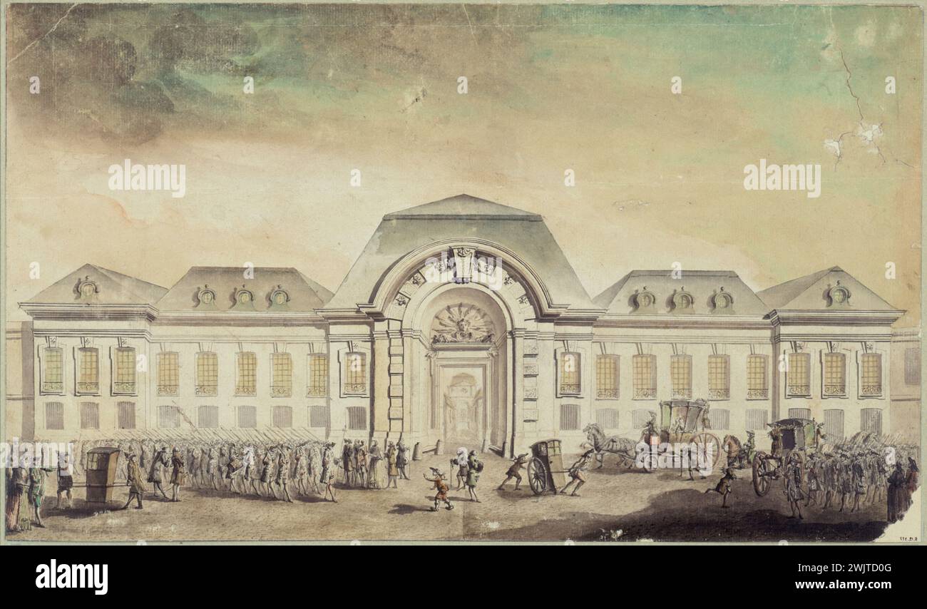 Dumas (active in the second half of the 18th century). 'Back to school of a regiment of French guards under Louis XV'. Drawing. Paris, Carnavalet museum. 33091-6 Former diet, carrier chair, Elite body, drawing, facade, French guard, regiment, fourte, infantry unit, scene Stock Photo