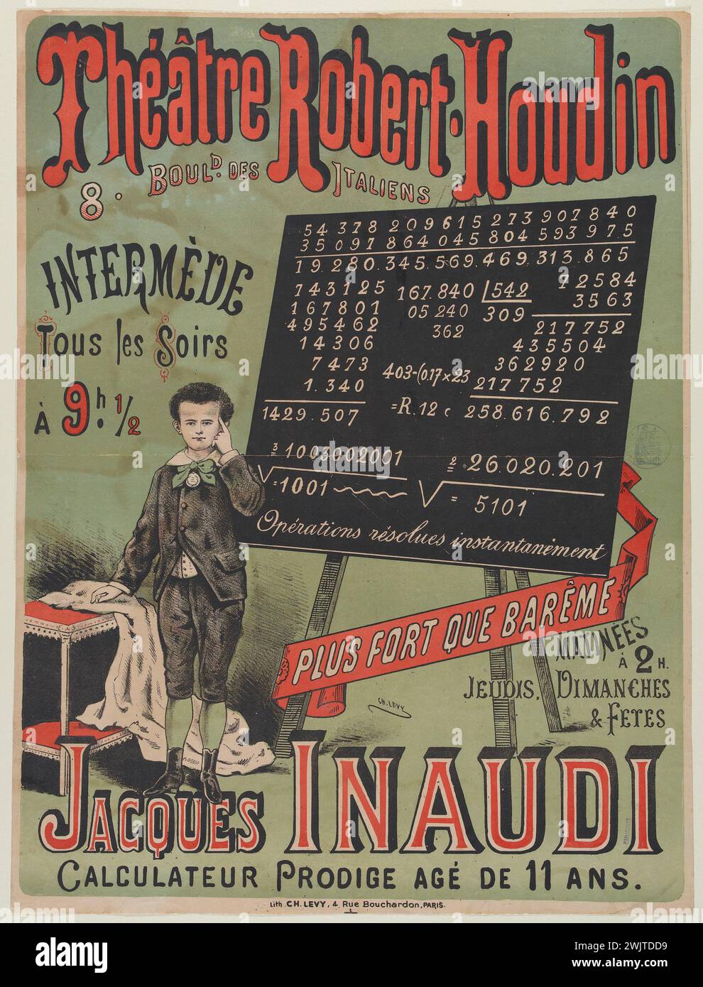 Charles Lévy. 'Robert-Houdin Theater, Jacques Enaudi'. Lithography, 1878. Paris, Carnavalet museum. 50821-8 Advertising poster, mental calculation, Italian calculator, child, young, lithography, mathematical operation, advertising, theater Robert-Houdin Stock Photo