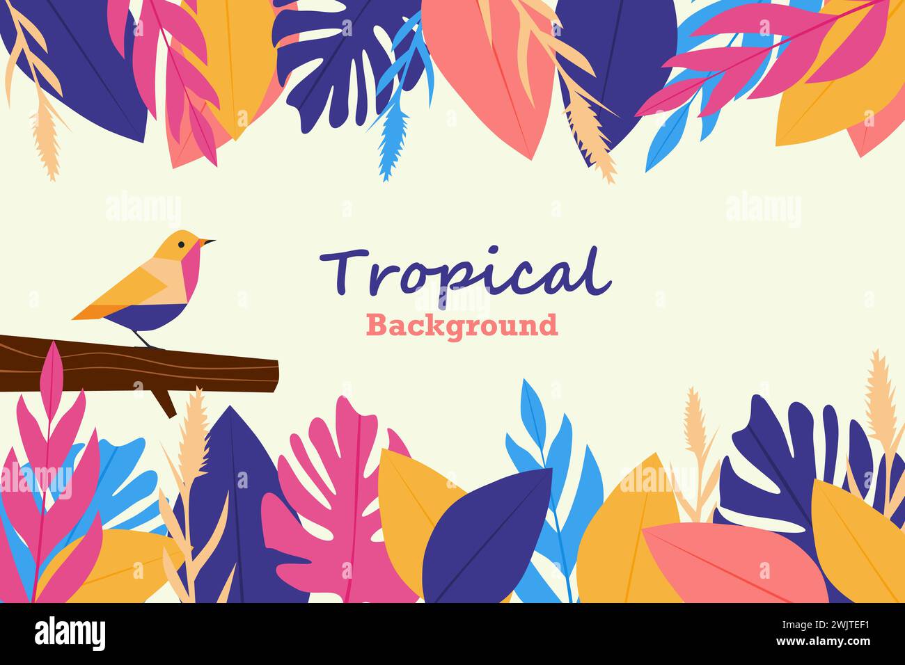Tropical vector background with colorful leaves and a bird. Abstract ...