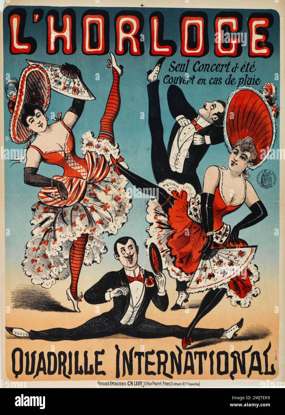 Charles Lévy. 'The clock, international quadrille'. Poster. Color lithography. Paris, Carnavalet museum. Poster, dance, dancer, dancer, clock, lithography, advertising, quadrille, reclamme, performance hall Stock Photo