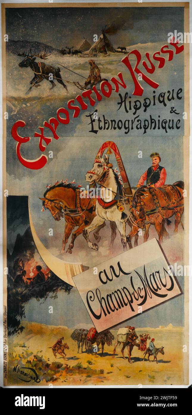 N. Harazine; Charles Verneau printing house. 'Russian, horse & ethnographic exhibition, at the Champ de Mars'. Poster. Color lithography. 1895. Paris, Carnavalet museum. Poster, Champ-de-Mars, Horse, Ethnographic, Russian exhibition, horse racing, lithography, advertising, reclame, VIIEME VII 7th 7 arrondissement Stock Photo