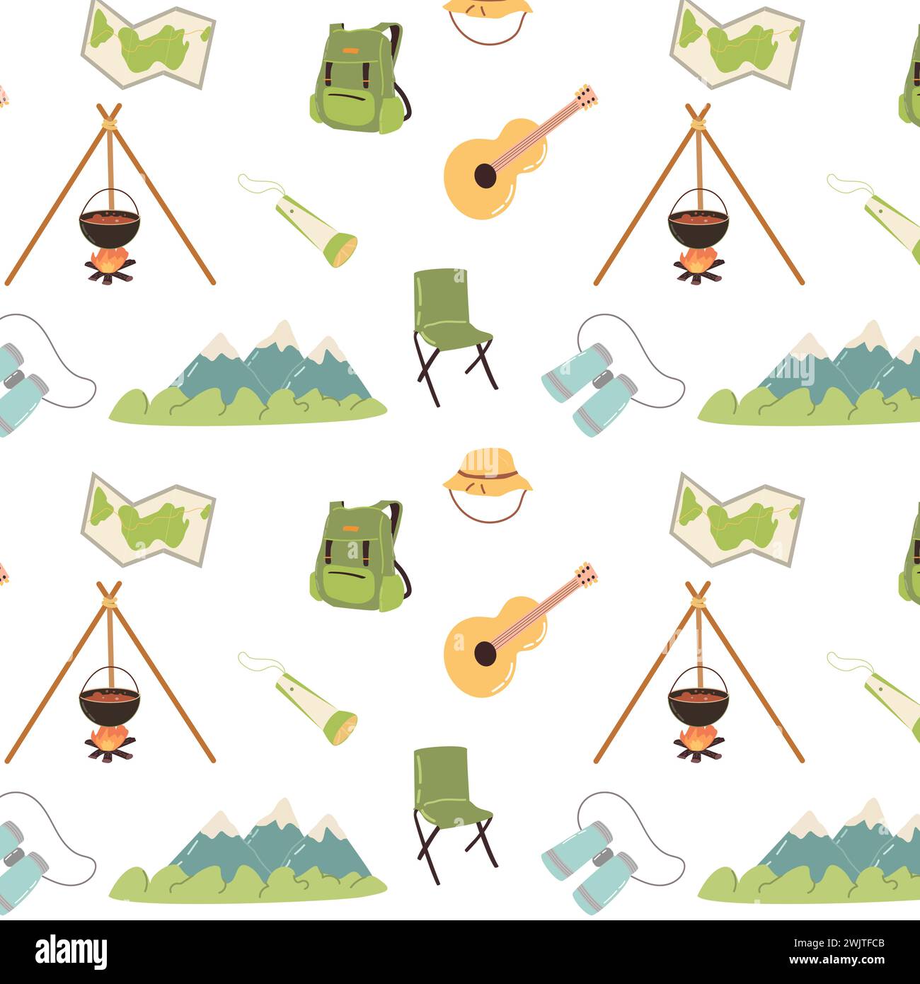 Hand drawn hiking and travel elements seamless pattern. Vector illustration can used for textile, wrapping paper, kids room wallpaper.  Stock Vector