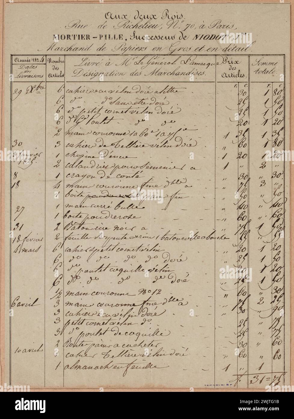 Bilan des livraisons de Morier-Pille, marchand de papiers Aux deux rois, rue de Richelieu, années 1824 et 1825. Stock Photo