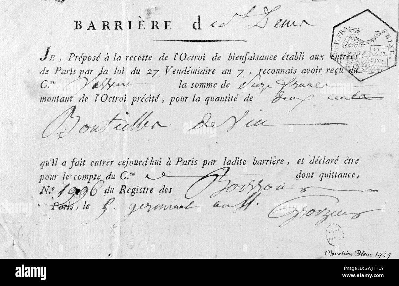 Anonymous receipt doctros at the Saint Denis barrier of 5 Germinal year 11 (March 26, 1803) Pierrain 1804), arrondissement x, barriere, consulate (1799, tax, wine, 19th century Stock Photo