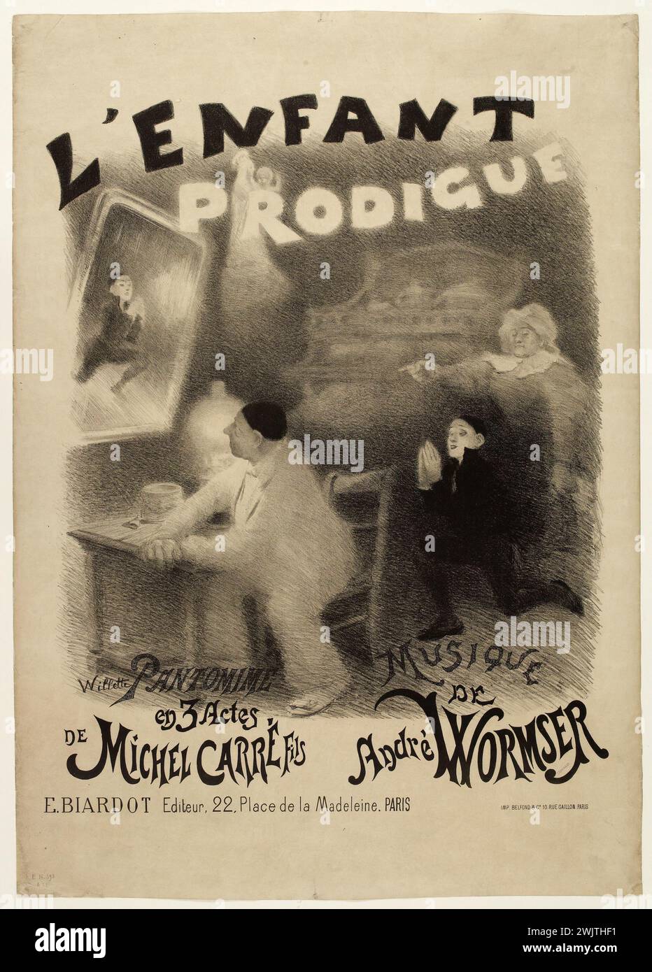 Adolphe Léon Willette (1857-1926). Theater poster for 'the prodigal child' by Michel Carré fils (1865-1945). Black and white lithography, 1891. Editor E. Bardiot, Belfond printer and Cie. Paris, Carnavalet museum. Actor, artist, poster, dramatic comedy, comedian, communication, print document, drama, lithography, pantomime, part of theater, 19th XIX 19th 19th 19th 19th century, engraving Stock Photo