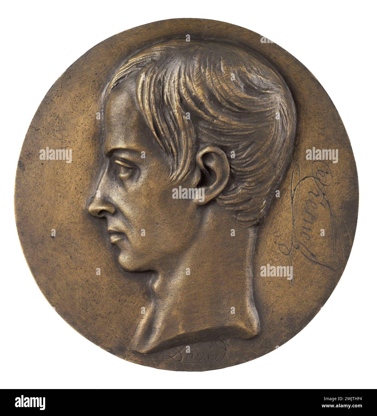 David d'Angers (1788-1856). Portrait of Augustin-Jean Fresnel (1788-1827), physicist. Bronze, sand cast iron. Nineteenth century. Paris, Carnavalet museum. 58290-12 Bronze, sand cast iron, medallion, French physicist, profile, portrait Stock Photo