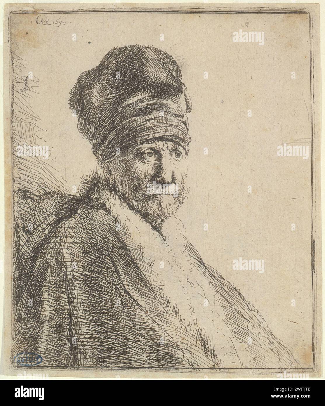 Harmensz van Rijn Rembrandt (1606-1669). 'Bust of old man in the fur cap: father of Rembrandt (B 321 - 2nd state), 1630'. Museum of Fine Arts of the City of Paris, Petit Palais. 27018-15 Fur cap, bust, family, man, father, old age, old age Stock Photo