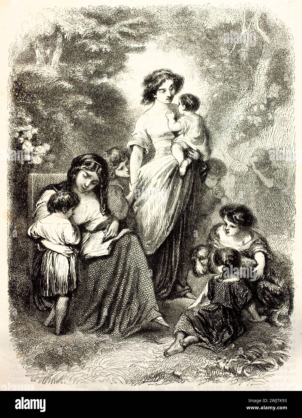 Old engraved depiction of childhood. Created by Tony Johannot, èublished on magasin Pittoresque, Paris, 1852 Stock Photo
