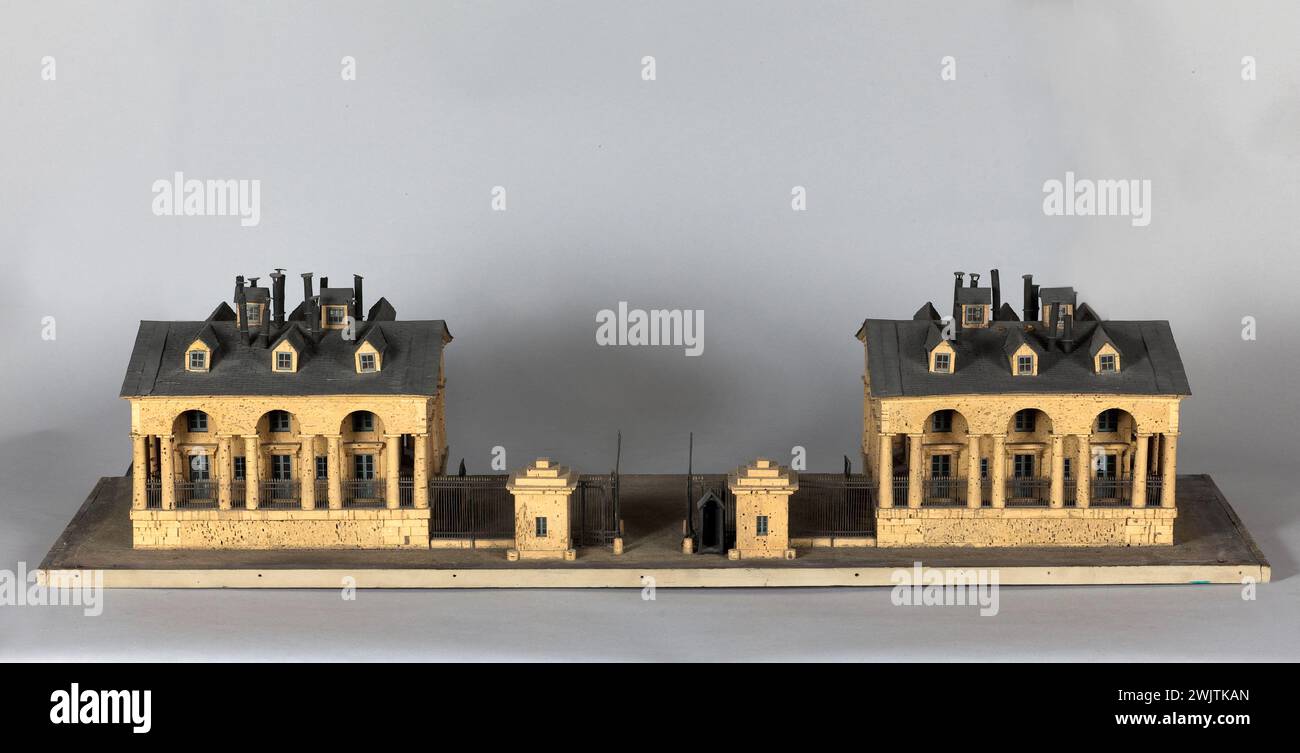 The so-called Ménilmontant granting barrier '. Wood, cork, glass, natural iron. 1784-1860. Paris, Carnavalet museum. 71738-15 Current XXth XXth XX 20th 20th 20th arrondissement, arcade, barriere of granting, barriere of general farmers, column twin, facade, natural iron, grate, customs guy, tax, bond, model, menilmontant, pavilion, rectangular plan, pen , Glass, 19th 19th XIX 19th 19th 19th 19th century, 18th 18th 18th 18th 18th 18th 18th century, wood, miniature Stock Photo