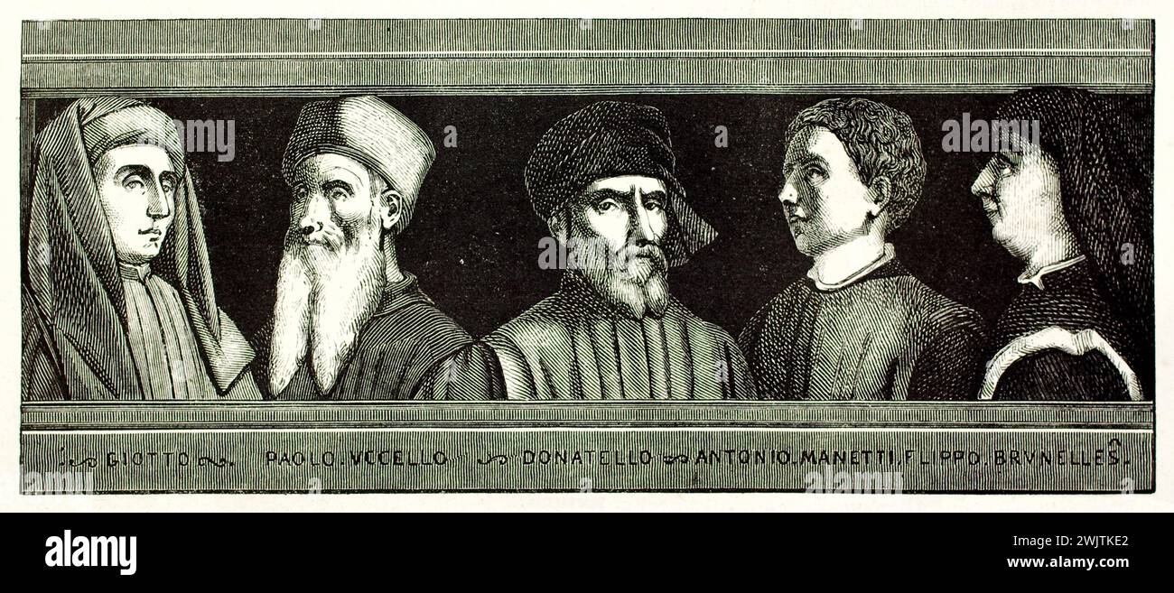 Old engraved reproduction of five portaits pictorial table kept in Louvre museum. Created by Chevignard after Paolo Uccello, published on Magasin Pitt Stock Photo