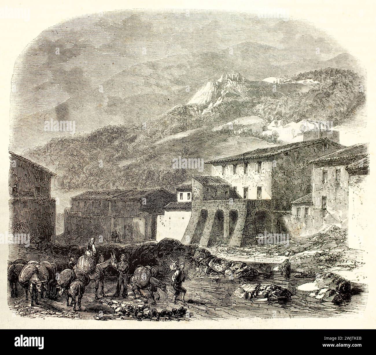 Old engraved illustration of La Jonquera, Spain. Crerated by Blanchard, published on Magasin Pittoresque, Paris, 1852 Stock Photo