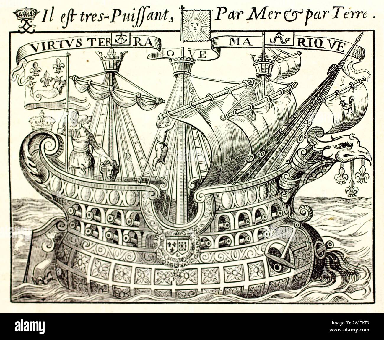 Old engraved illustration of the symbolic vessel of France. By unknown author, published on Magasin Pittoresque, Paris, 1852 Stock Photo