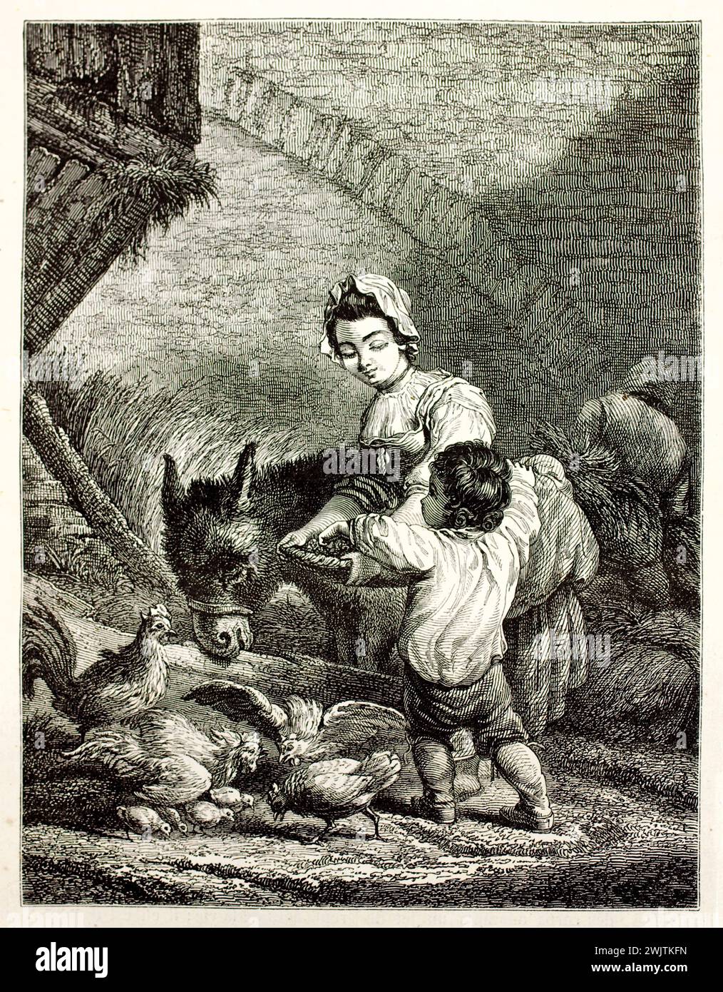 Old engraved illustration of a young paesant girl wirh child and animals. Created by Freeman and Gusman, published on magasin Pittoresque, Paris, 1852 Stock Photo