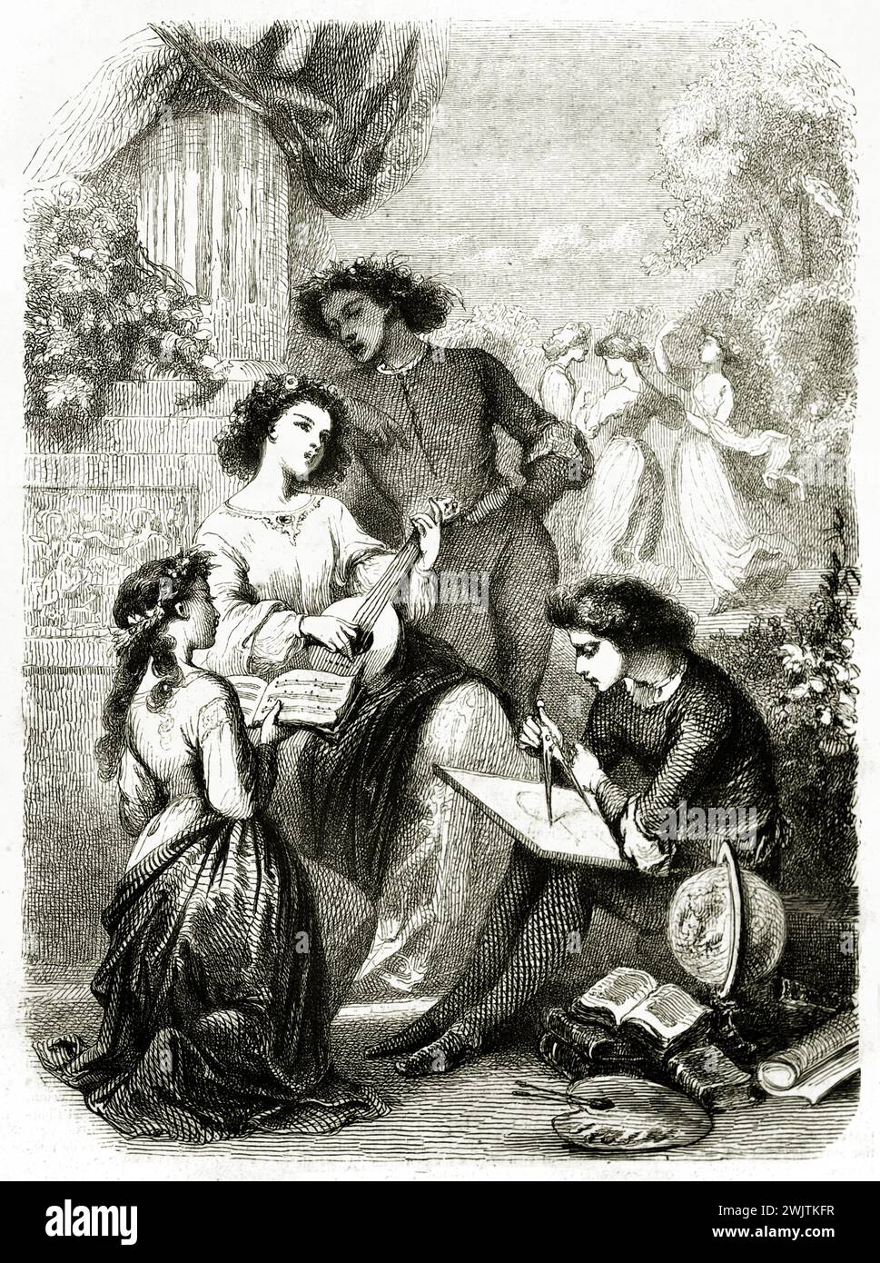 Old engraved depiction of Youth. Created by Tony Johannot, published on magasin Pittoresque, Paris, 1852 Stock Photo