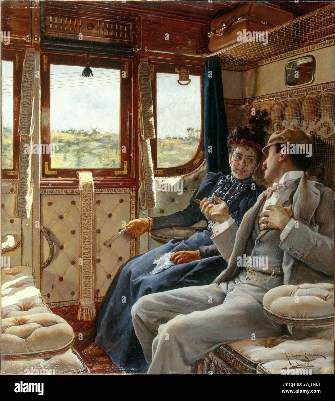 Ricardo Lopez-Cabrera (1864-1950). 'Couple in a train compartment'. Oil on wood. Paris, Carnavalet museum. Love, lovers, figurative art, modern art, railway, compartment, comfort, woman, window, man, man and woman, oil on wood, luxury, rail transport, train, veil, travel, travel, traveler, XXth XX 20th 20th 20th century, couple, transport Stock Photo