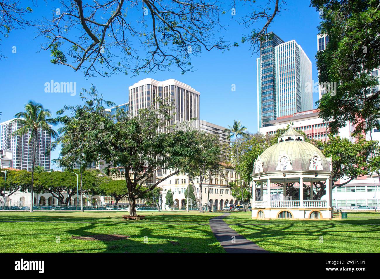 Business district from Iolani Palace grounds, Honolulu, Oahu, Hawaii, United States of America Stock Photo