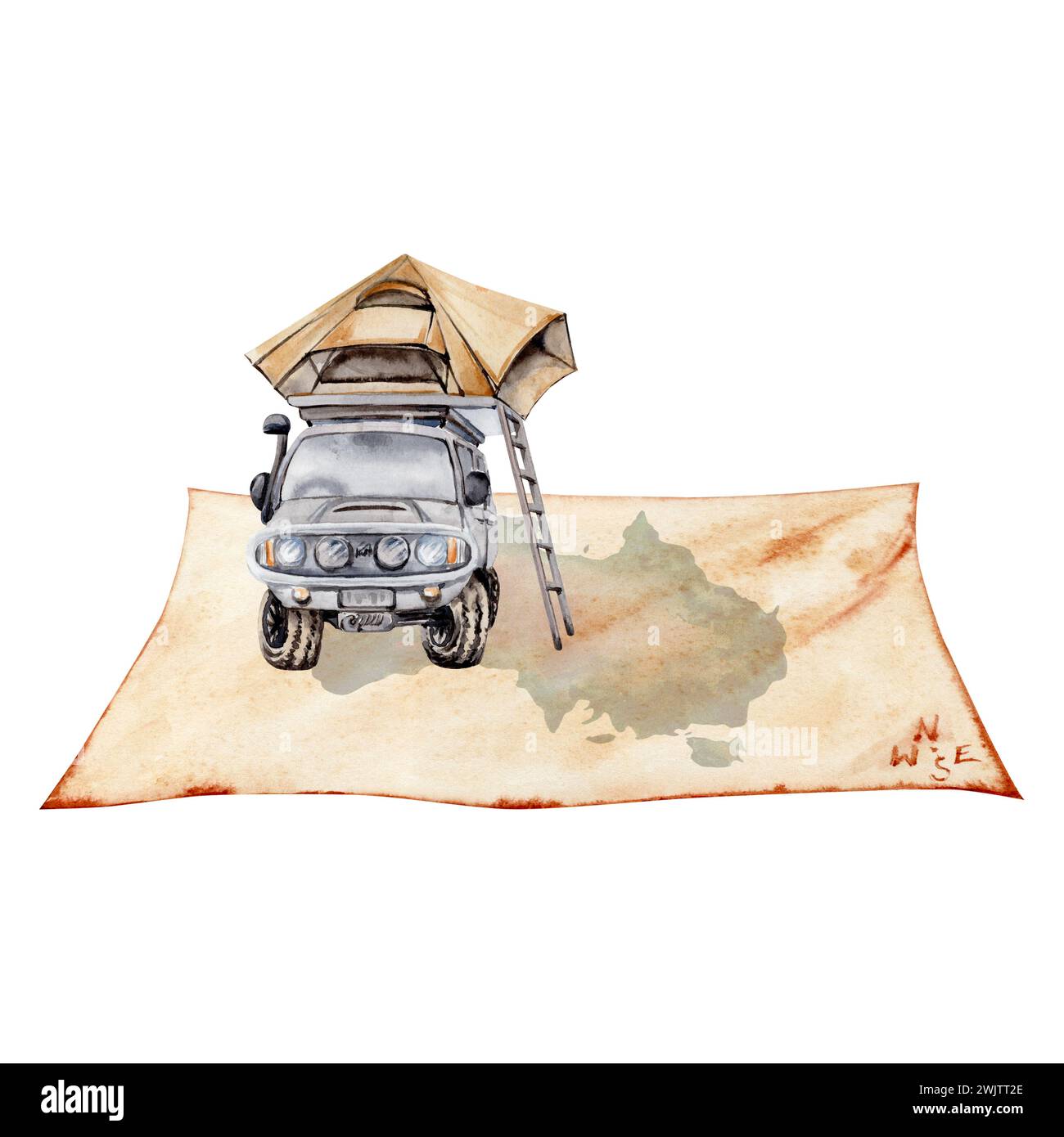 Touring composition with 4x4 off road car with roof top tent and ladder and Australian map backdrop. For tourism Watercolor Illustration Stock Photo