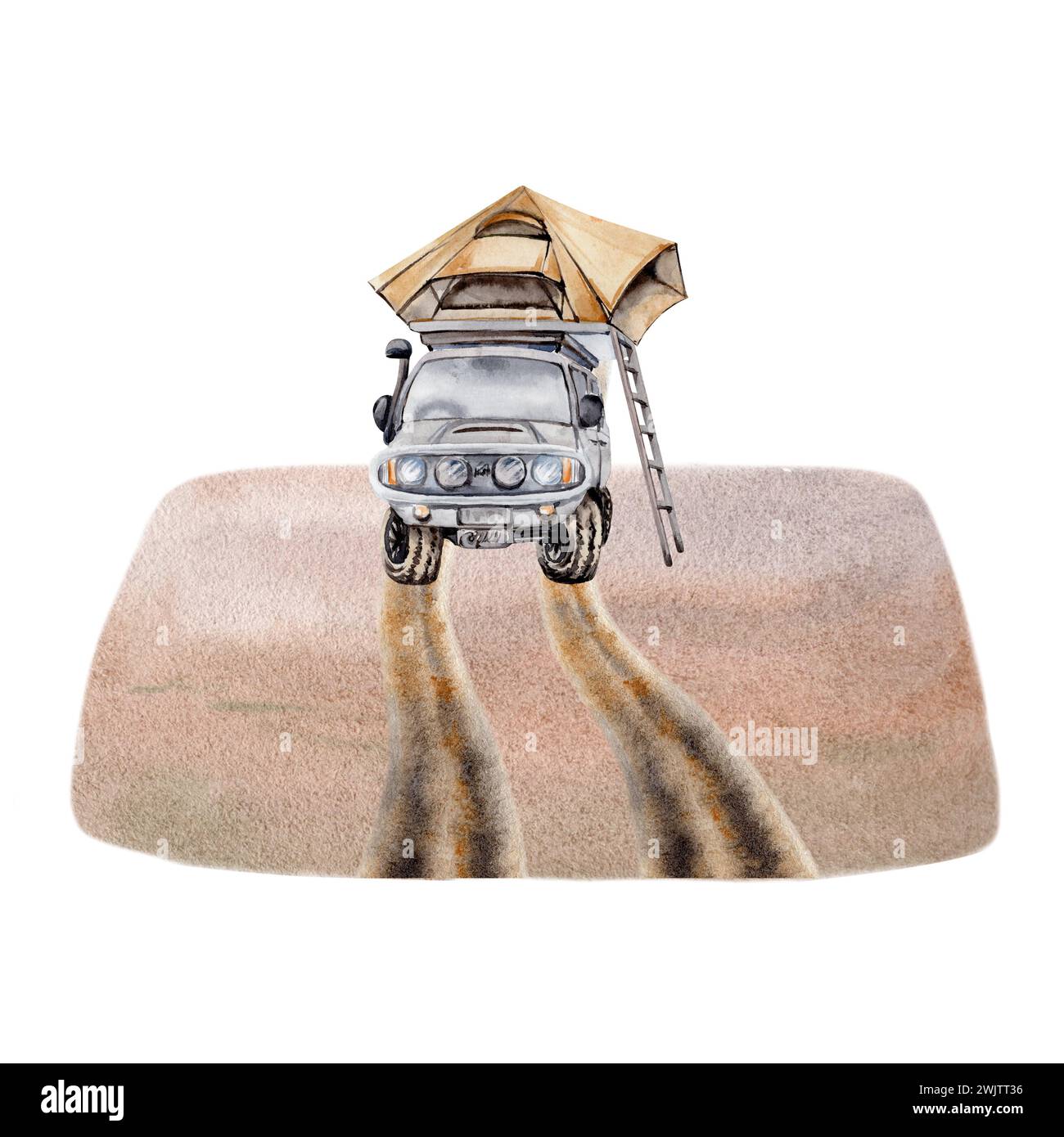 4WD car with roof top tent and ladder. Tyre tracks on sandy dirt road. Design for camping, adventure, tourism, outdoors Watercolor Illustration Stock Photo