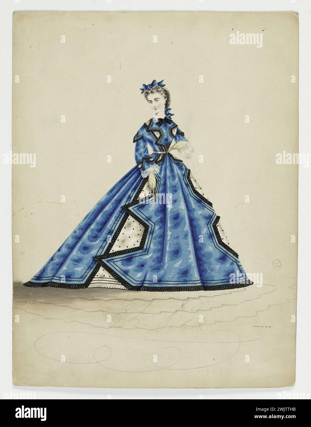 Charles Pilatte for the Ghys house. Model-figure for seamstress. Blue town dress with cut -off cuts in black boasts bordered by black pleated frills on white fabric with black polka dots, black knot on the neck, model of Madame Ghys. Watercolor on cardboard. 1860-1870. Galliera, fashion museum of the city of Paris. 37832-10 With black pea, watercolor on cardboard, blue, black flying borde, start-up, in a point, female, black galony, young woman, house ghys, female model, female model, knot on the neck, for couturiere, dress of town, second Empire, white fabric Stock Photo