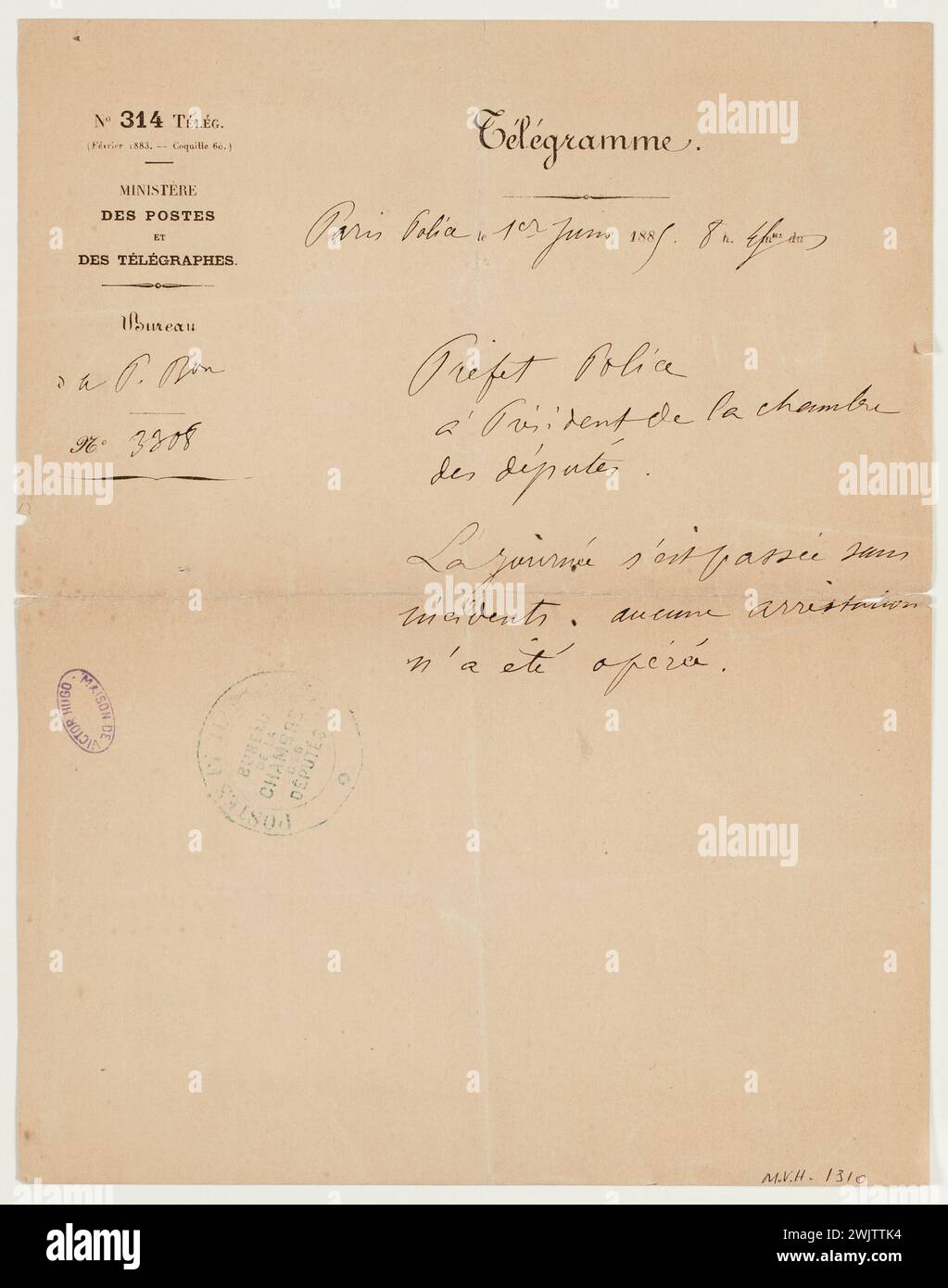 Police prefect telegram on Victor Hugo's funeral day, June 1, 1885 (dummy title), 1885-06-01. House of Victor Hugo - Hauteville House. Stock Photo