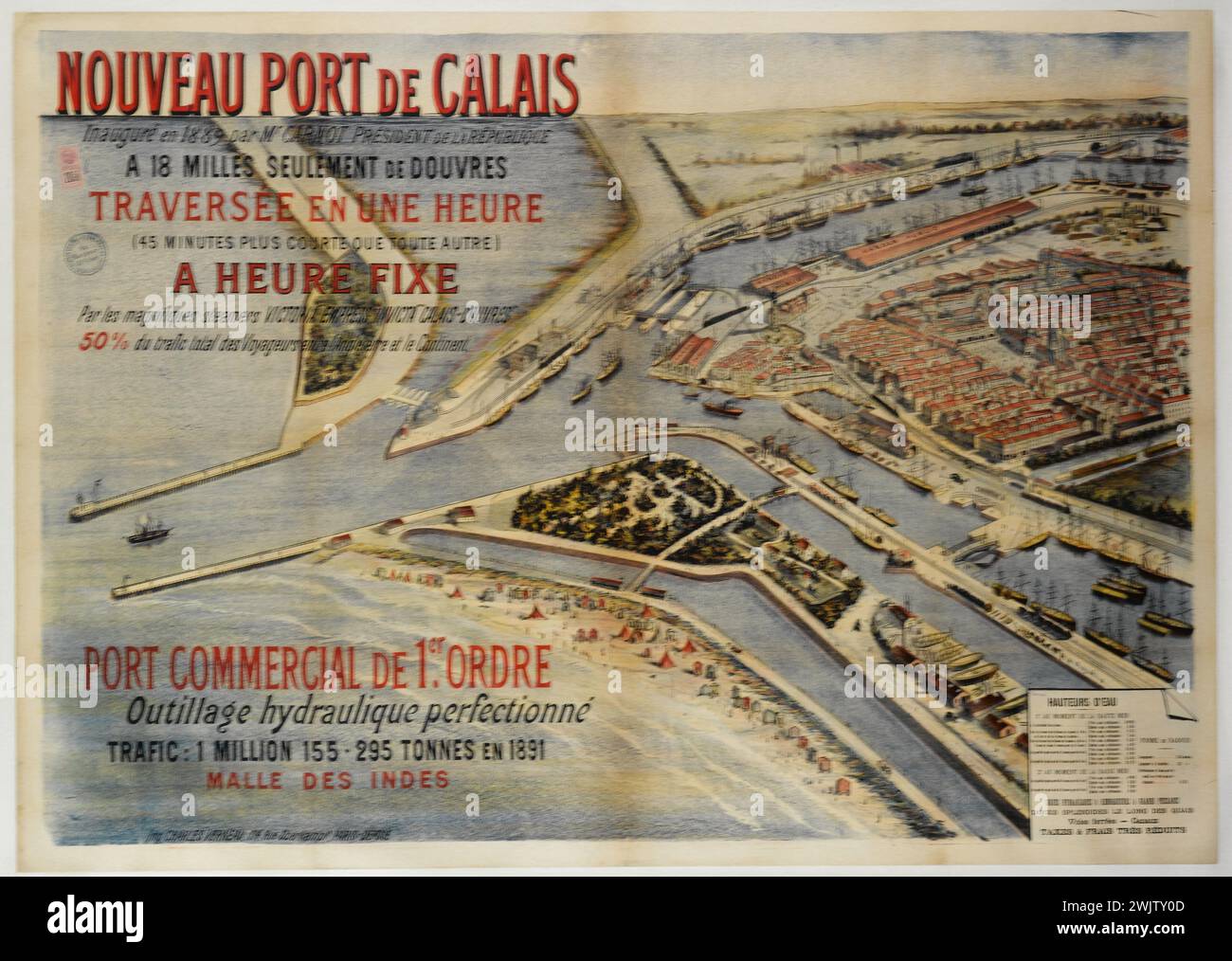 Charles Verneau printing house. 'New port of Calais'. Poster. Color lithography. Around 1891. Paris, Carnavalet museum. Poster, lithography, sea, advertising, port, reclass, crossing, aerian view Stock Photo
