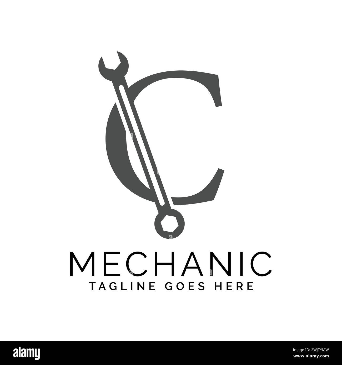 letter C logo with wrench. Alphabet C Spanner logo design Stock Vector