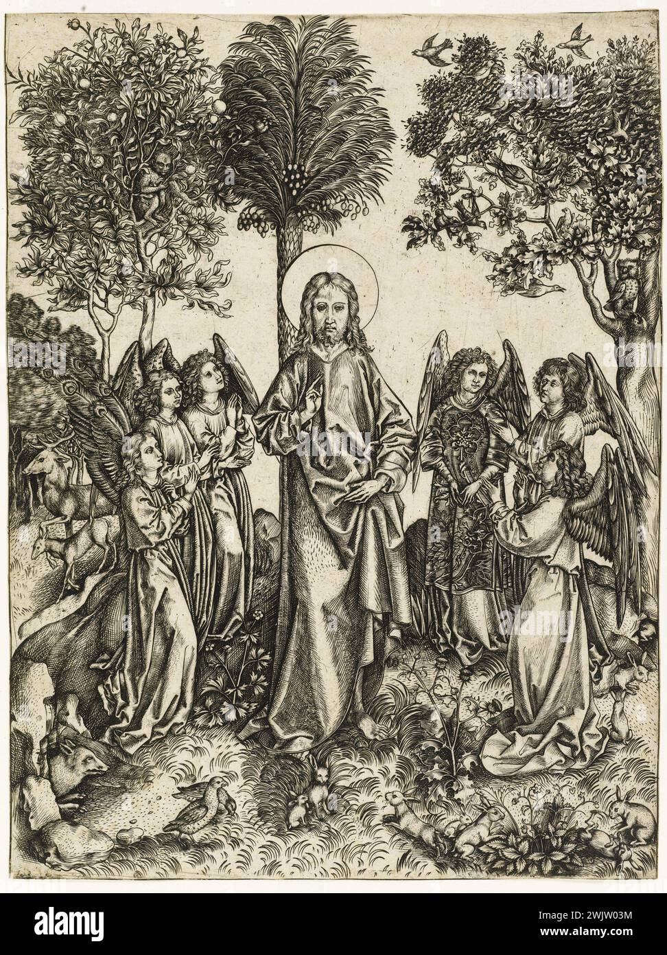 Master i.e .. Christ in the desert served by the angels (BARTSCH Suppl. 6). Engraving (chisel), 1480-1490. Museum of Fine Arts of the City of Paris, Petit Palais. 76856-12 Art medieval, Christianity, engraving in chisel, Christian iconography, religious iconography, Middle Ages, New Testament, biblical character, 15th XV 15th 15th 15th century, engraving Stock Photo