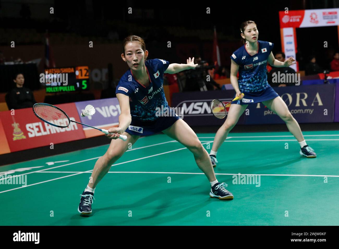 Shah Alam, Malaysia. 17th Feb, 2024. Matsuyama Nami(L)/Shida Chiharu of Japan compete in the doubles match against Treesa Jolly/Gayatri Gopichand Pullela of India during the women's team semifinal between Japan and India at the Badminton Asia Team Championships 2024 in Shah Alam, Selangor, Malaysia, Feb. 17, 2024. Credit: FL Wong/Xinhua/Alamy Live News Stock Photo