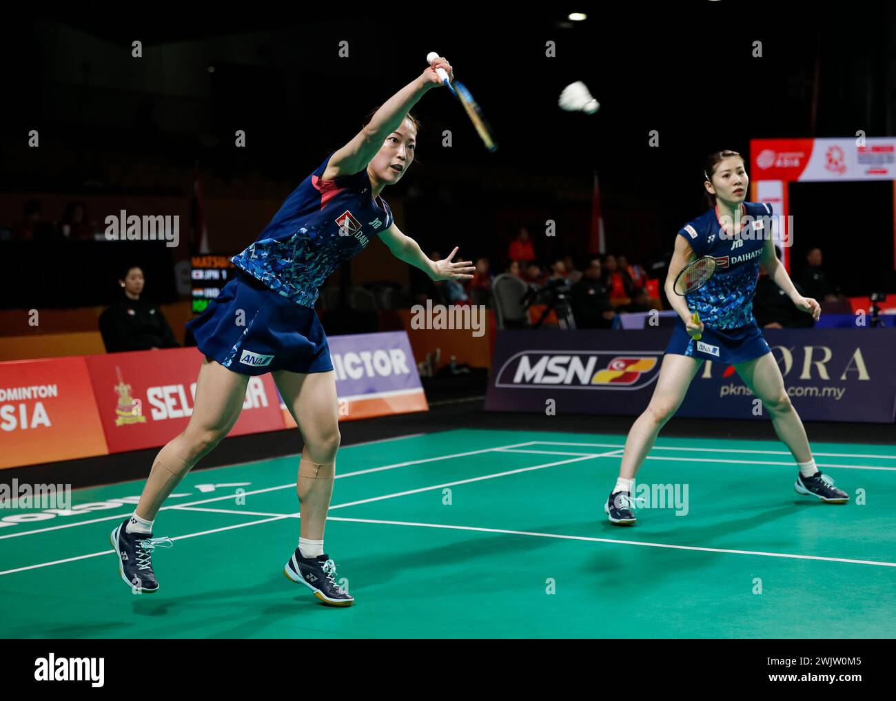 Shah Alam, Malaysia. 17th Feb, 2024. Matsuyama Nami(L)/Shida Chiharu of Japan compete in the doubles match against Treesa Jolly/Gayatri Gopichand Pullela of India during the women's team semifinal between Japan and India at the Badminton Asia Team Championships 2024 in Shah Alam, Selangor, Malaysia, Feb. 17, 2024. Credit: FL Wong/Xinhua/Alamy Live News Stock Photo