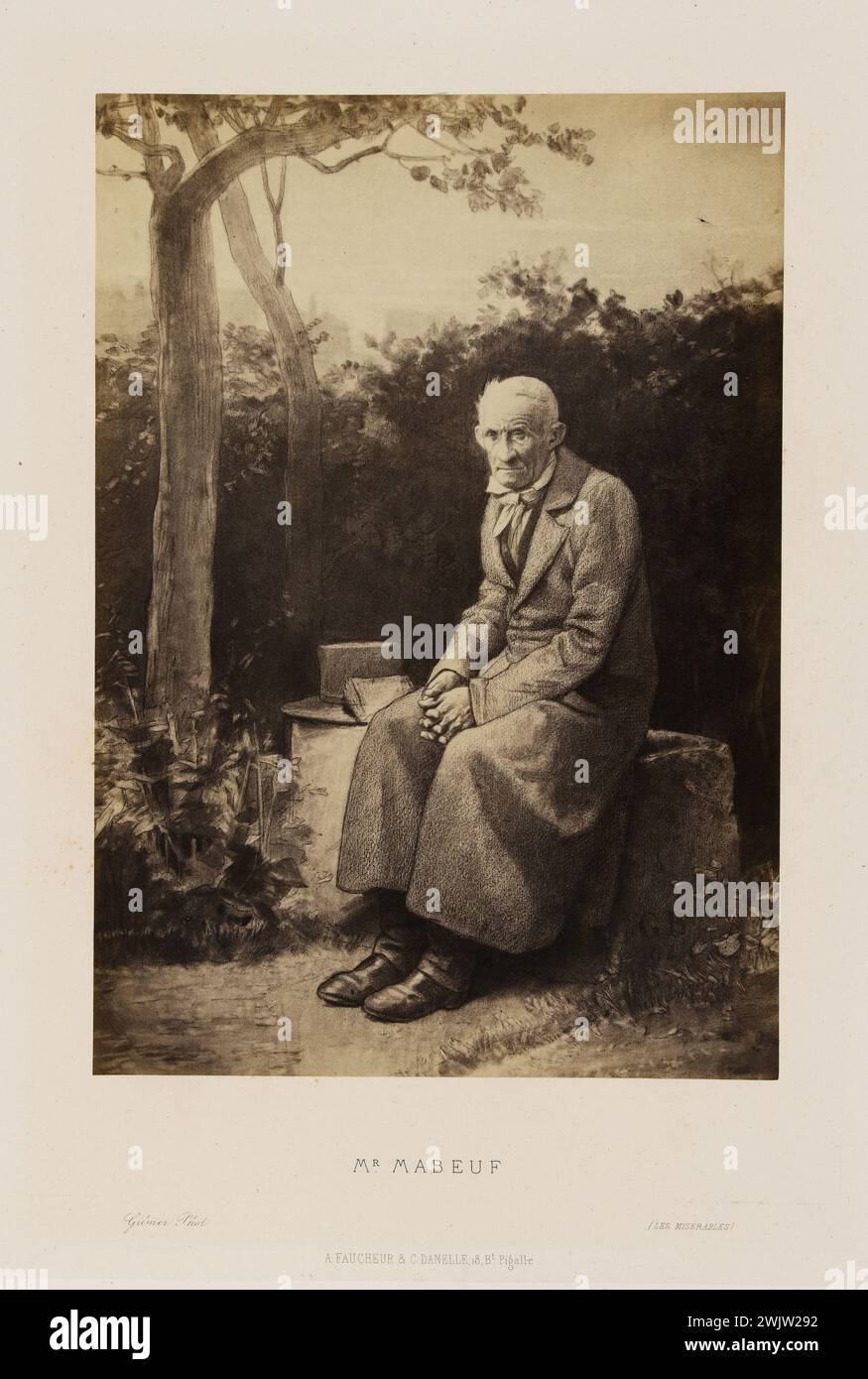 Gustave Brion. Mr. Mabeuf, illustration for 'the miserable'. Photograph Briquet/ Guettard, after a drawing by Brion, 1862. Paris, house of Victor Hugo. 38140-1 Seated, drawing, man age, illustration of literary work, novel character, old man Stock Photo