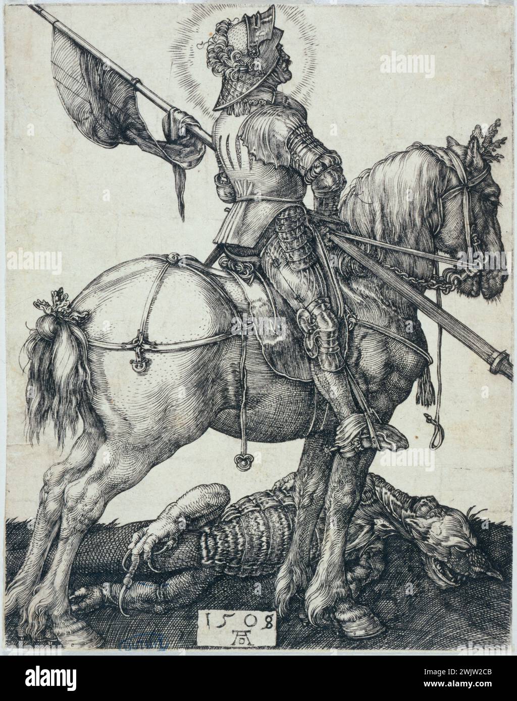 Albrecht Dürer (1471-1528). 'Saint Georges on horseback, B. 54'. Engraving. Museum of Fine Arts of the City of Paris, Petit Palais. 34091-9 Armor, b 54, fantastic beast, rider, horse, dragon, death, new will, saint, animal, engraving Stock Photo