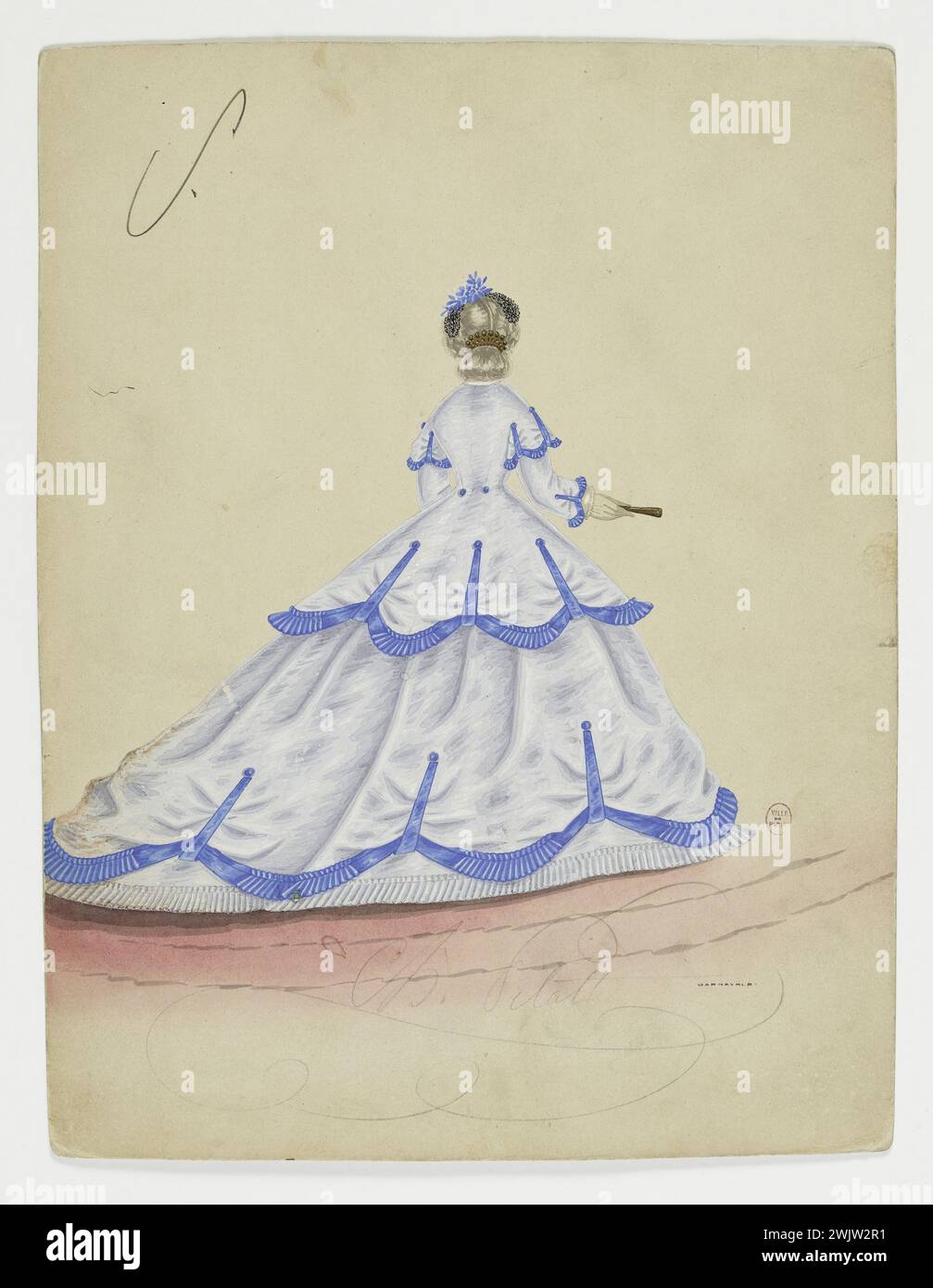 Charles Pilatte for the Ghys house. Model-figure for seamstress. City dress, jacket marked at the waist by two blue buttons, jacket raised by three blue legs held by a button, decor taken up at the shoulders, the sleeves and at the bottom of the skirt, Ms. Ghys model. Watercolor on cardboard. 1860-1870. Galliera, fashion museum of the city of Paris. 37835-3 Watercolor on cardboard, bottom raised on a folding steering wheel, blue covered button, shoulder, female, young woman, house ghys, handle, female model, female model, feast emotor, blue paw, for couturiere, town dress, second empire, jacke Stock Photo