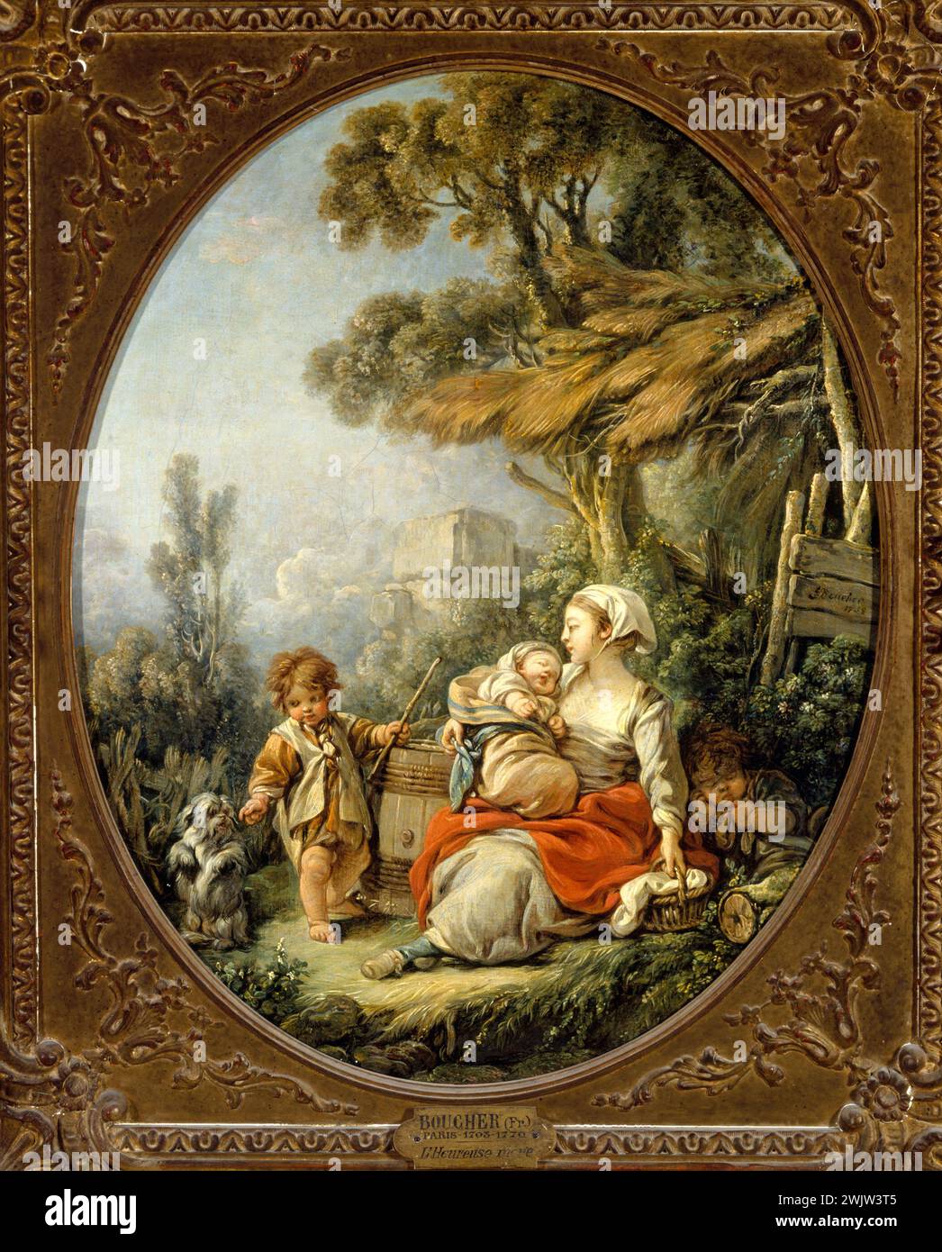 François Boucher (1703-1770). 'The happy mother', 1738. Oil on canvas. Museum of Fine Arts of the City of Paris, Petit Palais. 35765-13 Baby, sleeping, happy, mother, sleep, dog, oil on canvas Stock Photo