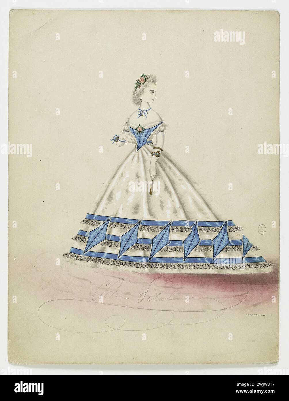 Charles Pilatte for the Ghys house. Model-figure for seamstress. Evening dress with blue bodice in a short sleeve point and neckline decorated with a rose; The bottom of the white skirt is decorated with black lace flies, braids and blue diamonds, Mrs. Ghys model. Watercolor on cardboard. 1860-1870. Galliera, fashion museum of the city of Paris. 37832-2 Watercolor on cardboard, Blue Corsage, Decollete, Flying Decree, Black Lace, In Pointe, Female, Blue Teck, Young Woman, White Skirt, Blue Losange, Ghys house, Short handle, Figure model, Feminin Model, Orne, for Couturiere, Evening dress, pink, Stock Photo