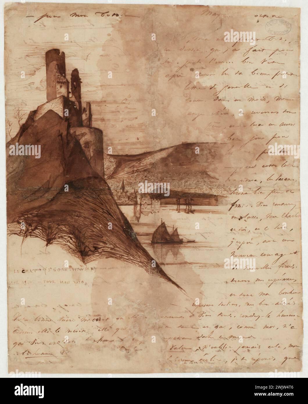 Hugo, Victor (n.1802-02-26-D.1885-05-22), Le Chat (title given by the author), 1840-09. Plume and brown ink wash, graphite pencil (?) On woven paper. House of Victor Hugo - Hauteville House. Represents the Château du Katz (Burg Katz) overlooking the Rhine and the German city of Sankt Goarshausen in Rhineland-Palatinate. This castle built around 1371 by Guillaume II of Katzenelnbogen was then in ruins, bombed in 1806, it was only rebuilt between 1896 and 1898. Stock Photo